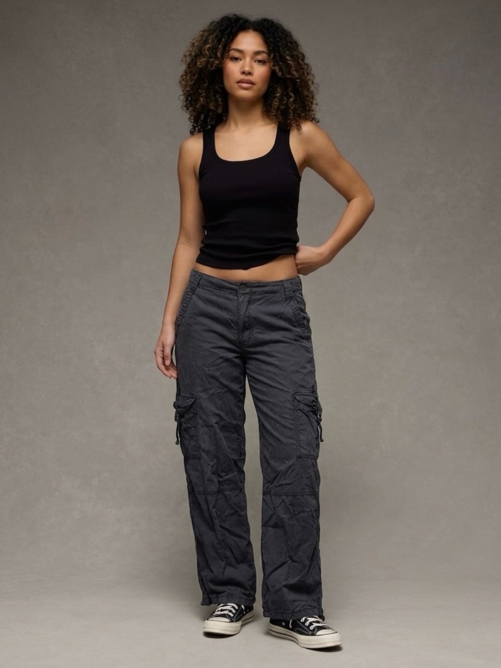 American Eagle Wide Leg Utility Cargo 10 Lyocell Relaxed Stretch Pants Black Zip